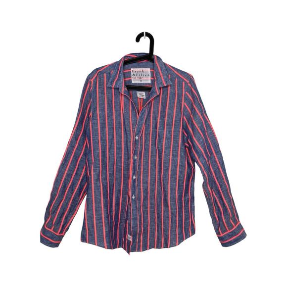 Frank & Eileen XL Barry Tailored Button Shirt Blue Fluorescent Pink Stripe Linen - Picture 1 of 7